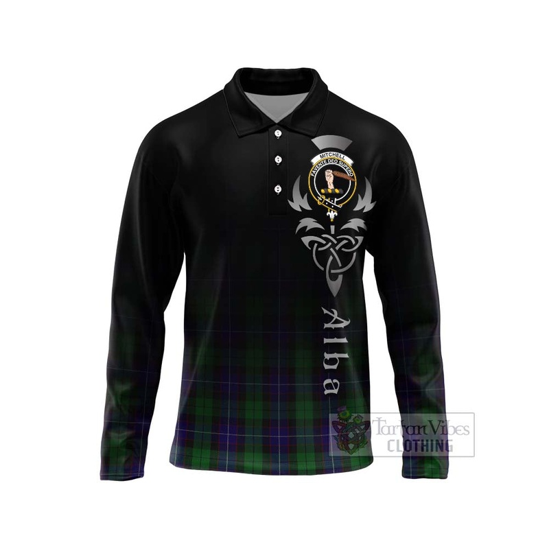 Mitchell Tartan Long Sleeve Polo Shirt Featuring Alba Gu Brath Family Crest Celtic Inspired