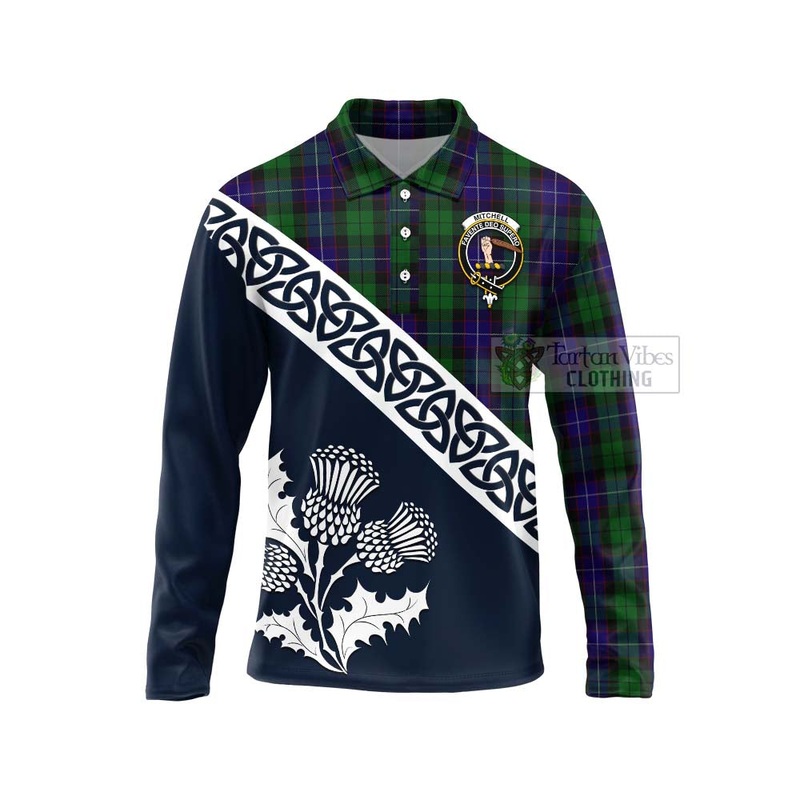 Mitchell Tartan Long Sleeve Polo Shirt Featuring Thistle and Scotland Map