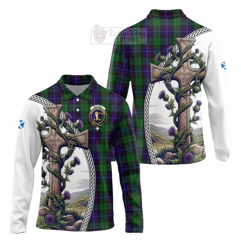 Mitchell Tartan Long Sleeve Polo Shirt with Family Crest and St. Andrew's Cross Accented by Thistle Vines