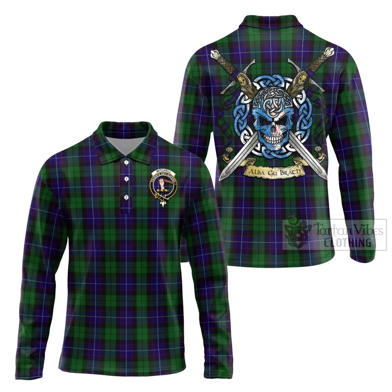 Mitchell Tartan Long Sleeve Polo Shirt with Family Crest Celtic Skull Style