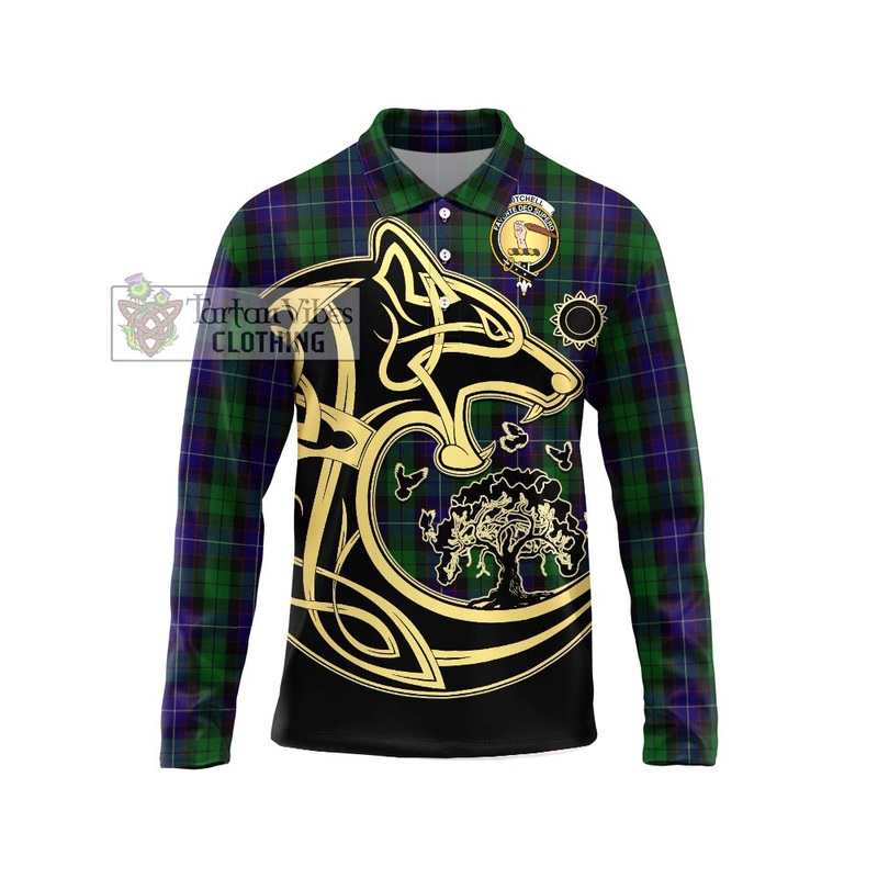 Mitchell Tartan Long Sleeve Polo Shirt with Family Crest Celtic Wolf Style
