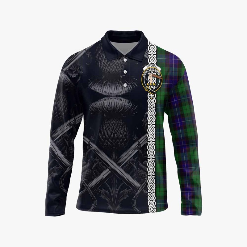 Mitchell Tartan Long Sleeve Polo Shirt with Family Crest Cross Sword Thistle Celtic Vibes