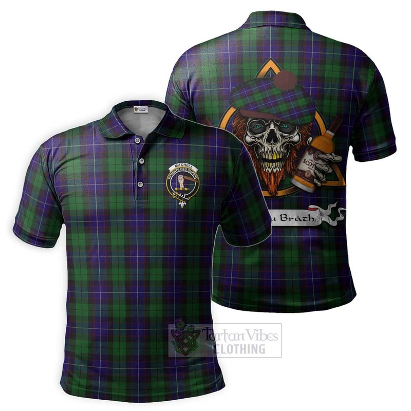 Mitchell Tartan Polo Shirt with Family Crest and Bearded Skull Holding Bottles of Whiskey
