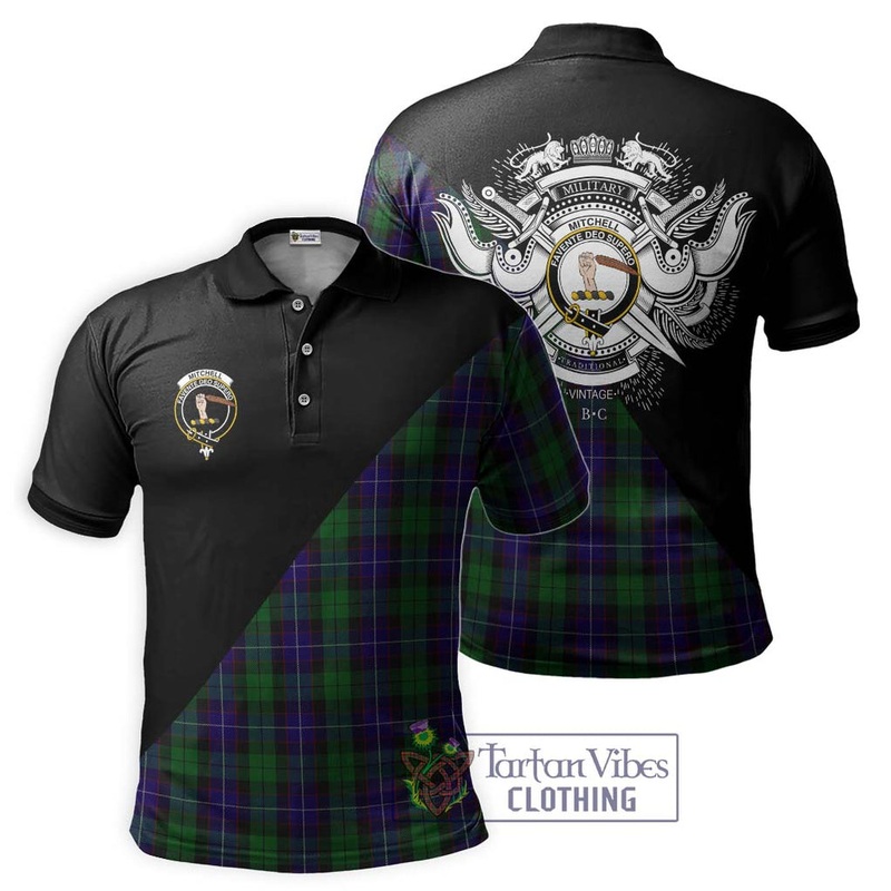 Mitchell Tartan Polo Shirt with Family Crest and Military Logo Style