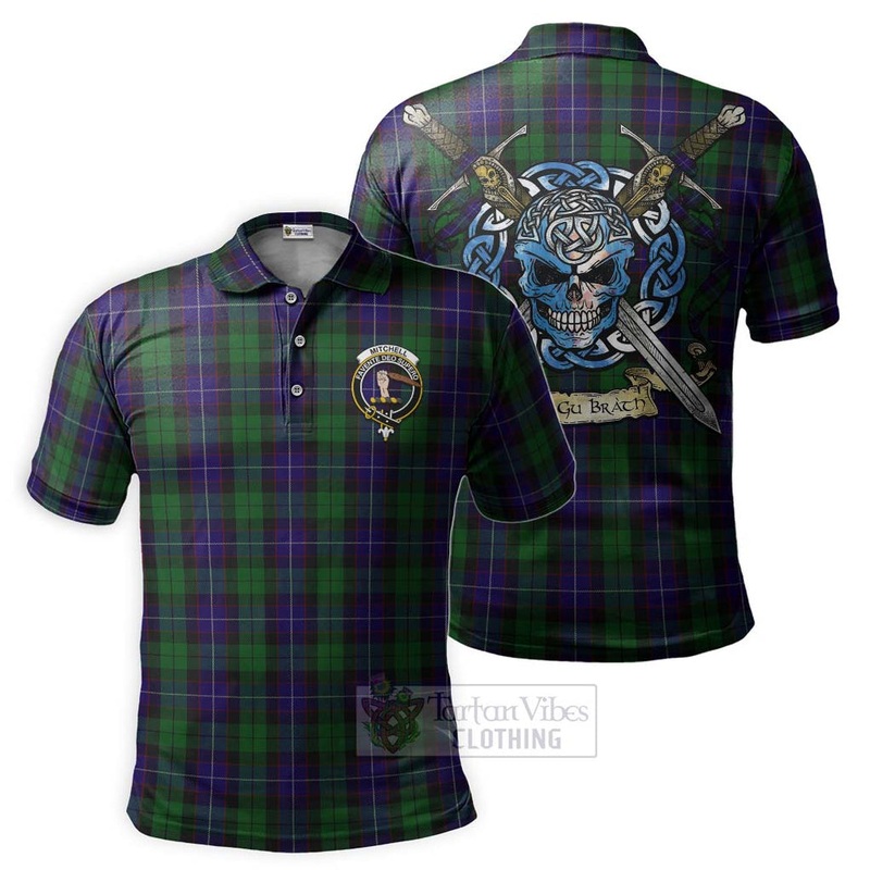 Mitchell Tartan Polo Shirt with Family Crest Celtic Skull Style