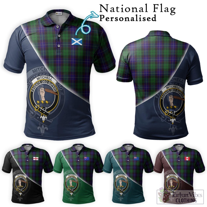 Mitchell Tartan Polo Shirt with Personalised National Flag and Family Crest Half Style