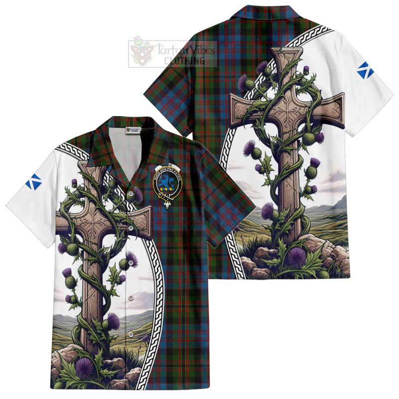 Bowie Tartan Short Sleeve Button Shirt with Family Crest and St. Andrew's Cross Accented by Thistle Vines