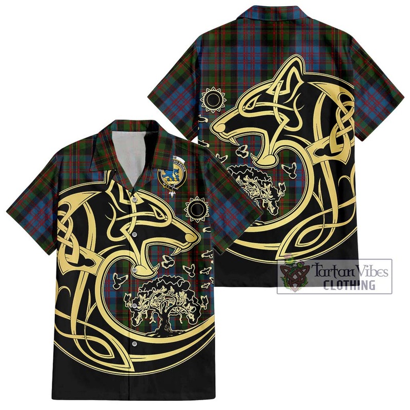 Bowie Tartan Short Sleeve Button Shirt with Family Crest Celtic Wolf Style