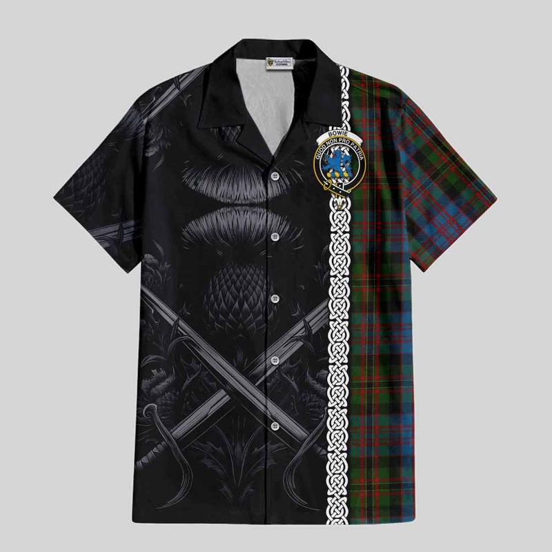 Bowie Tartan Short Sleeve Button Shirt with Family Crest Cross Sword Thistle Celtic Vibes