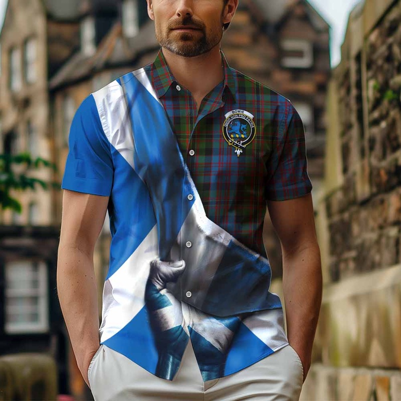 Bowie Tartan Short Sleeve Button Shirt with Family Crest Scotland Patriotic Style
