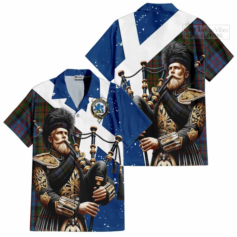Bowie Tartan Short Sleeve Button Shirt with Family Crest Scottish Bagpiper Vibes