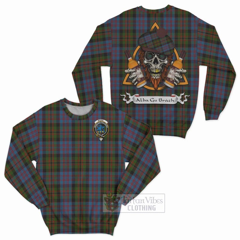 Bowie Tartan Sweatshirt with Family Crest and Bearded Skull Holding Bottles of Whiskey