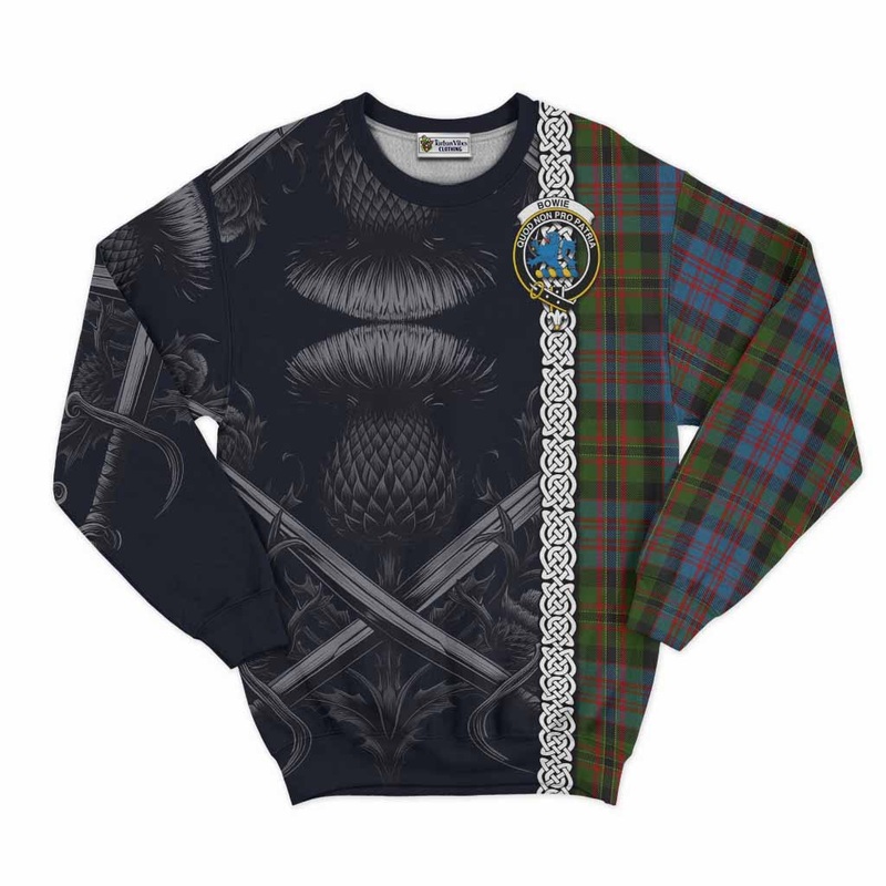 Bowie Tartan Sweatshirt with Family Crest Cross Sword Thistle Celtic Vibes