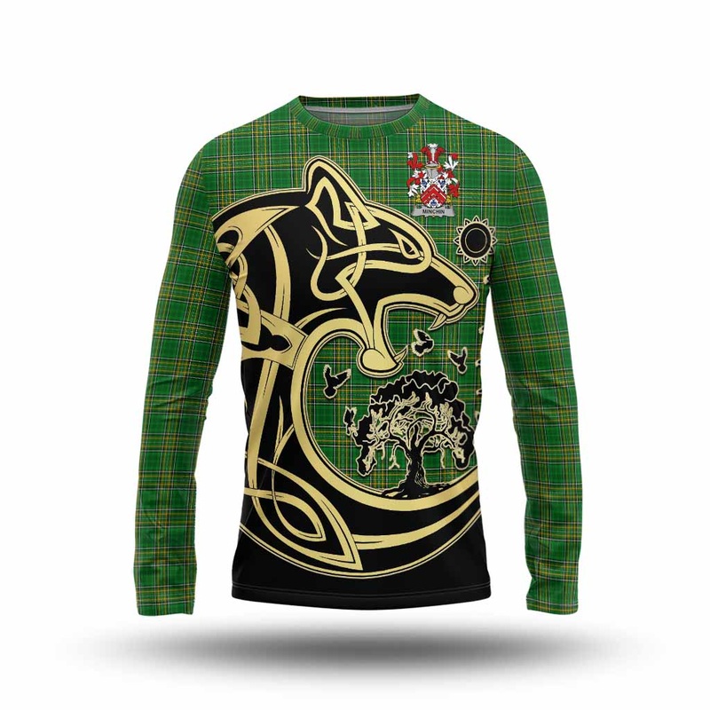 Minchin Irish Tartan Long Sleeve T-Shirt with Coat of Arms Celtic Wolf Style