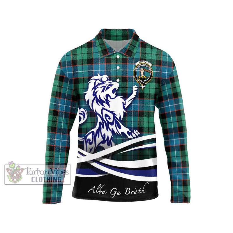 Mitchell Ancient Tartan Long Sleeve Polo Shirt with Alba Gu Brath Regal Lion Emblem