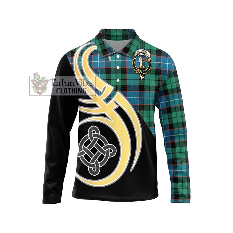 Mitchell Ancient Tartan Long Sleeve Polo Shirt with Family Crest and Celtic Symbol Style