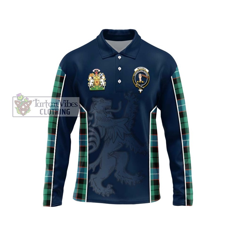 Mitchell Ancient Tartan Long Sleeve Polo Shirt with Family Crest and Lion Rampant Vibes Sport Style