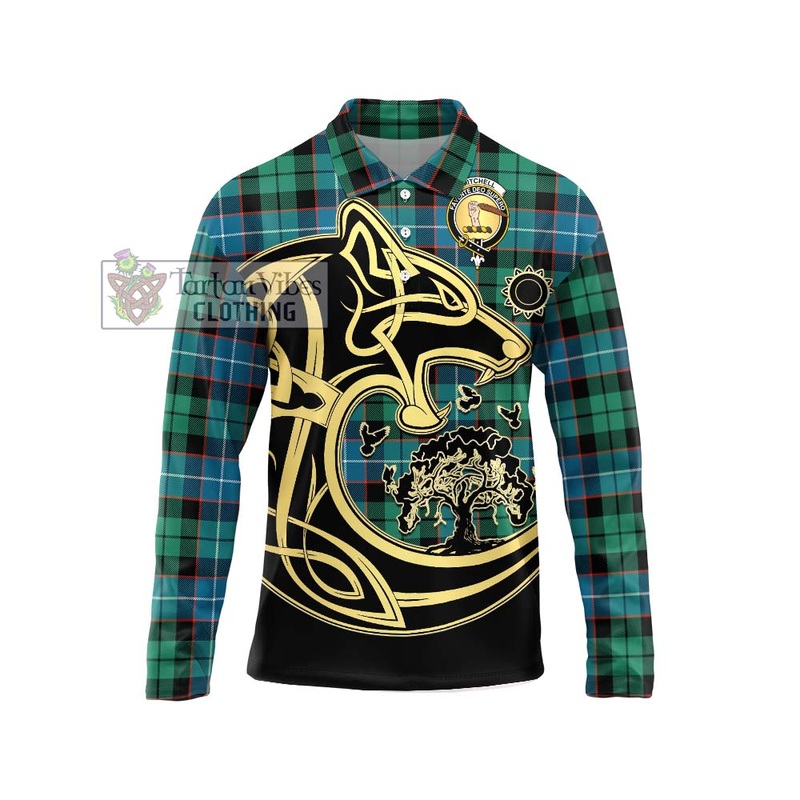 Mitchell Ancient Tartan Long Sleeve Polo Shirt with Family Crest Celtic Wolf Style