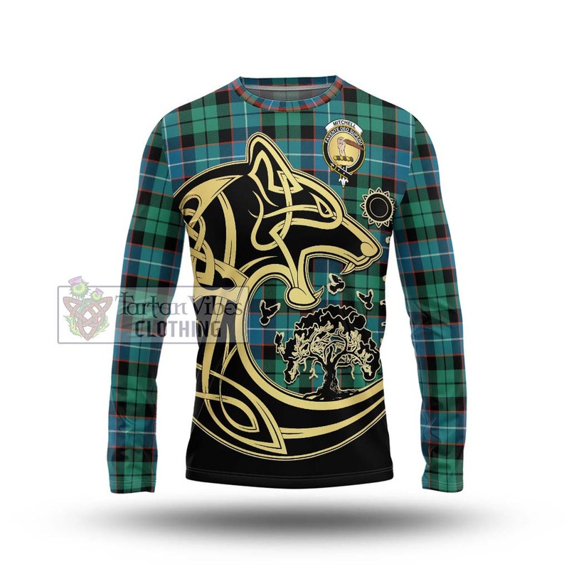 Mitchell Ancient Tartan Long Sleeve T-Shirt with Family Crest Celtic Wolf Style