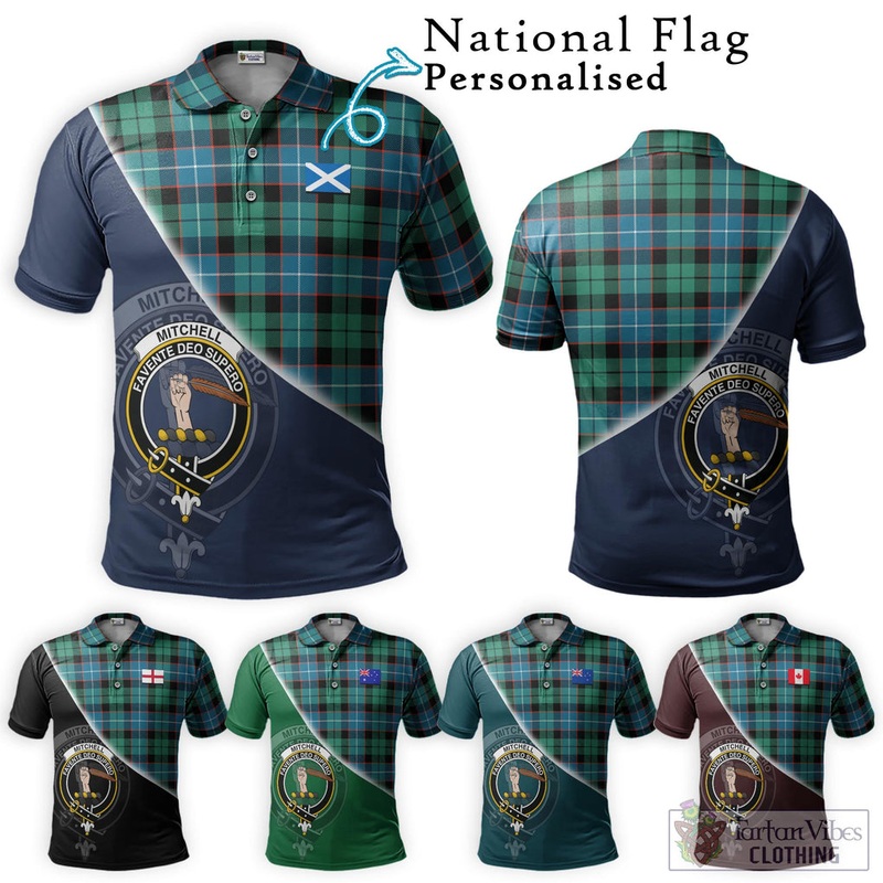 Mitchell Ancient Tartan Polo Shirt with Personalised National Flag and Family Crest Half Style