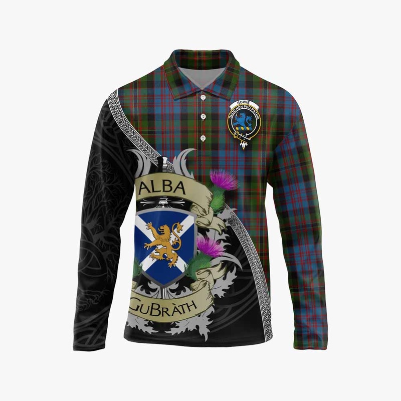 Bowie Tartan Family Crest Long Sleeve Polo Shirt Lion Rampant Royal Thistle Shield Celtic Inspired