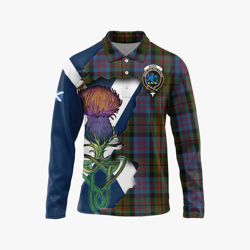 Bowie Tartan Family Crest Long Sleeve Polo Shirt Scottish Thistle Celtic Inspired