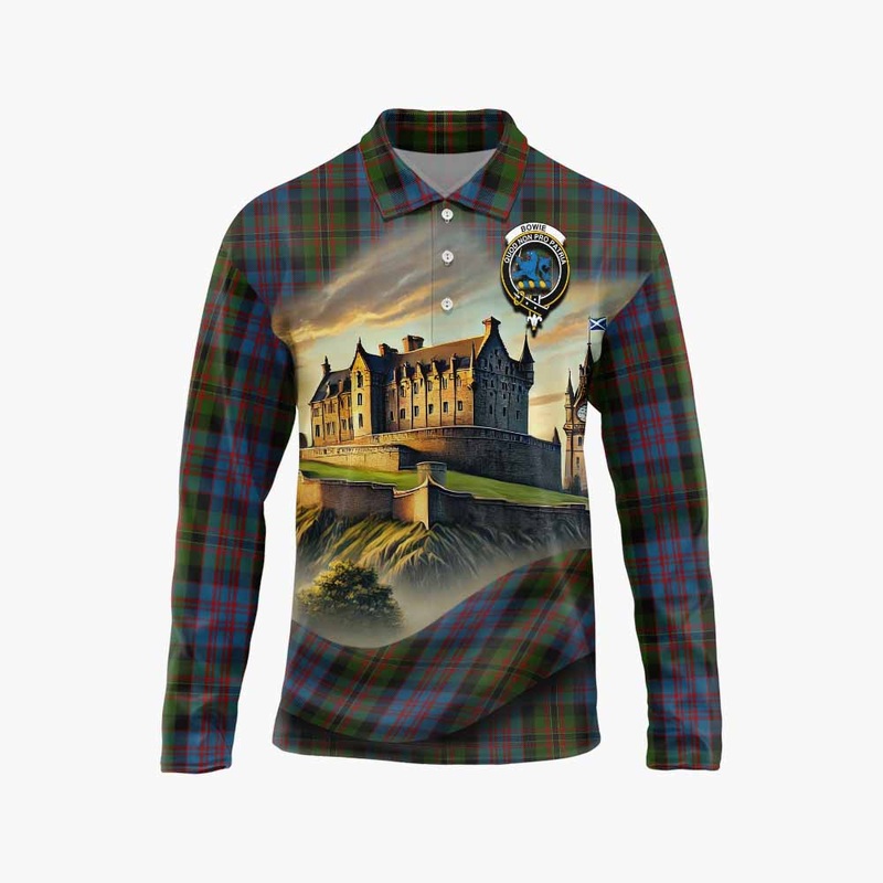 Bowie Tartan Family Crest Long Sleeve Polo Shirt with Scottish Ancient Castle Style