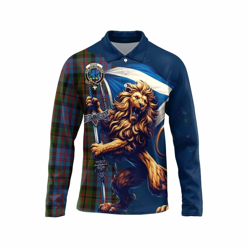Bowie Tartan Family Crest Long Sleeve Polo Shirt with Scottish Majestic Lion