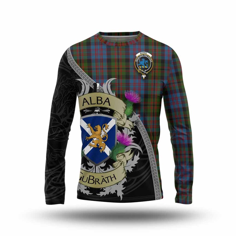 Bowie Tartan Family Crest Long Sleeve T-Shirt Lion Rampant Royal Thistle Shield Celtic Inspired