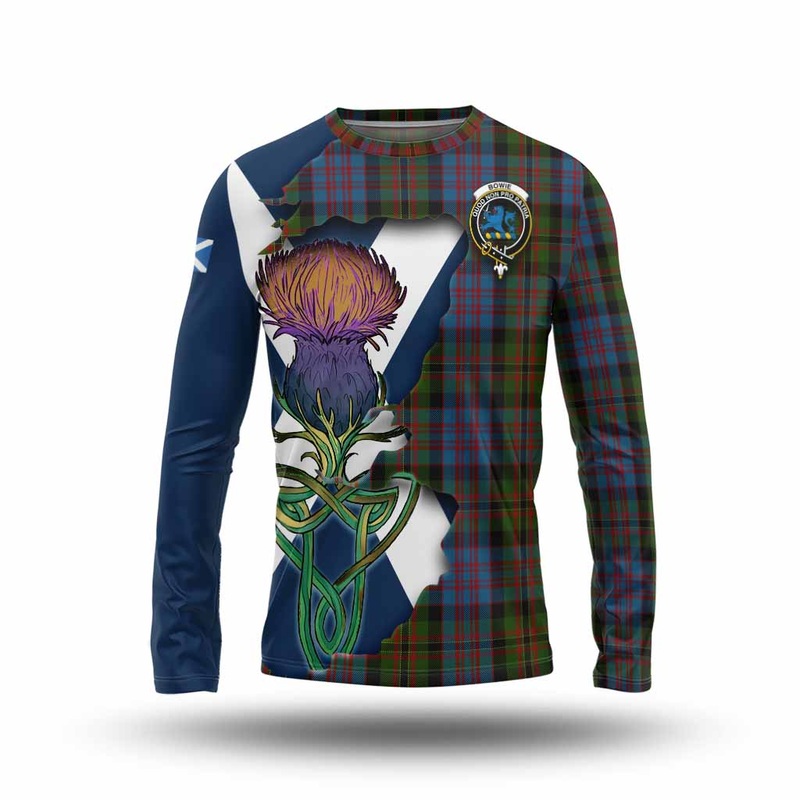 Bowie Tartan Family Crest Long Sleeve T-Shirt Scottish Thistle Celtic Inspired