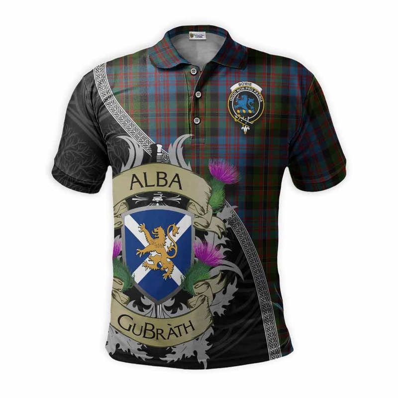 Bowie Tartan Family Crest Polo Shirt Lion Rampant Royal Thistle Shield Celtic Inspired