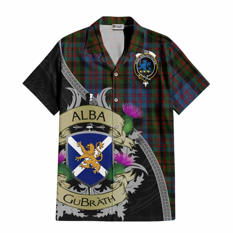 Bowie Tartan Family Crest Short Sleeve Button Shirt Lion Rampant Royal Thistle Shield Celtic Inspired