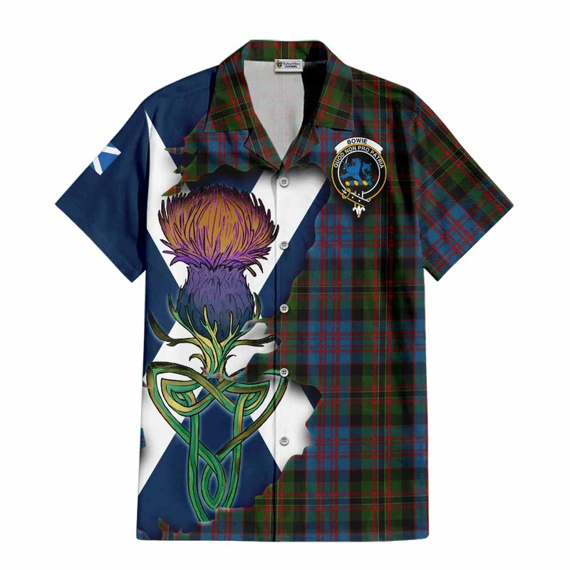 Bowie Tartan Family Crest Short Sleeve Button Shirt Scottish Thistle Celtic Inspired