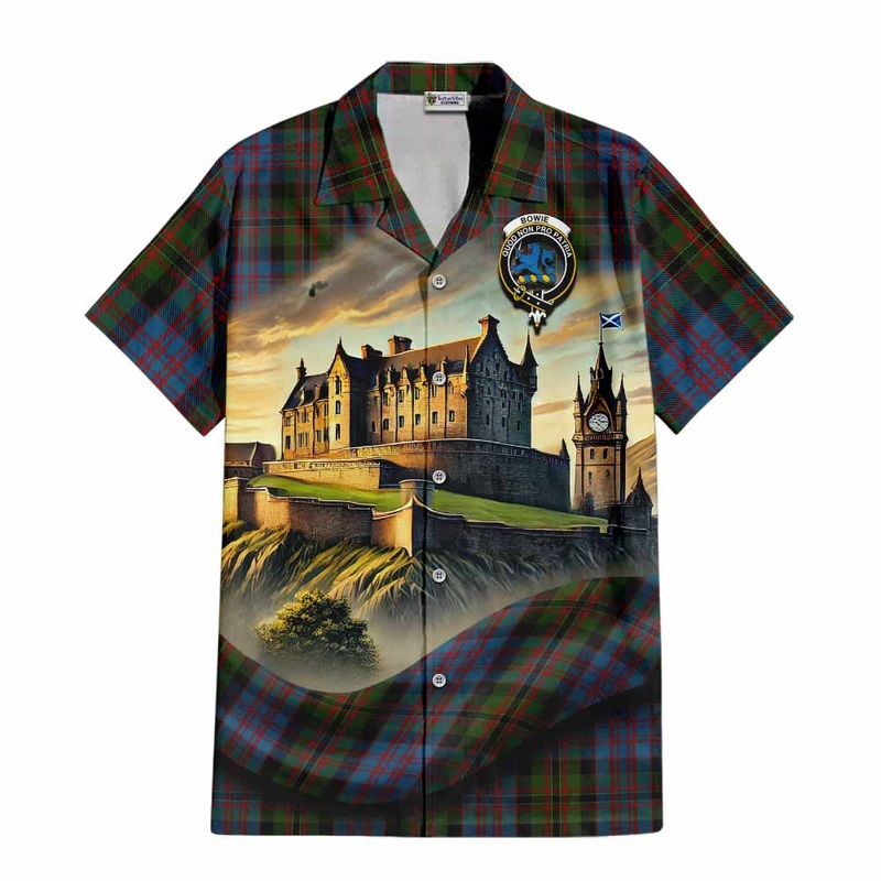 Bowie Tartan Family Crest Short Sleeve Button Shirt with Scottish Ancient Castle Style