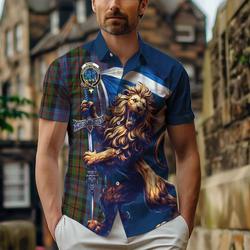 Bowie Tartan Family Crest Short Sleeve Button Shirt with Scottish Majestic Lion