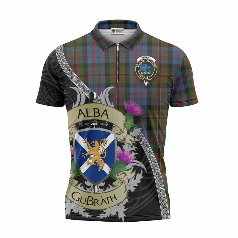 Bowie Tartan Family Crest Zipper Polo Shirt Lion Rampant Royal Thistle Shield Celtic Inspired