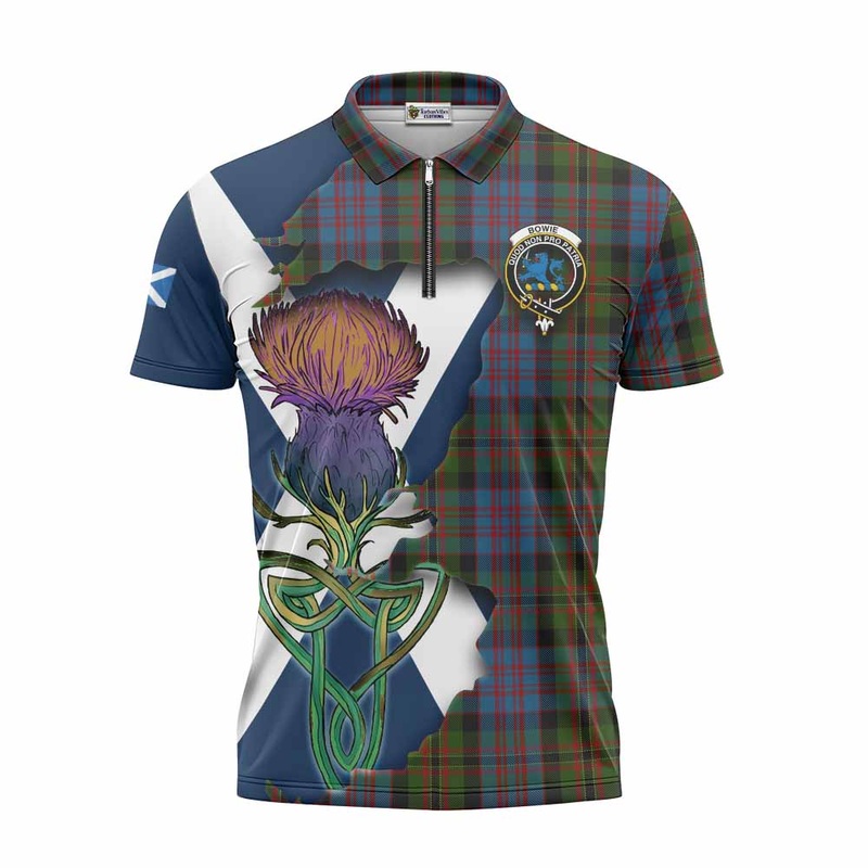 Bowie Tartan Family Crest Zipper Polo Shirt Scottish Thistle Celtic Inspired