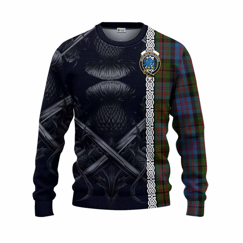 Bowie Tartan Knitted Sweater with Family Crest Cross Sword Thistle Celtic Vibes