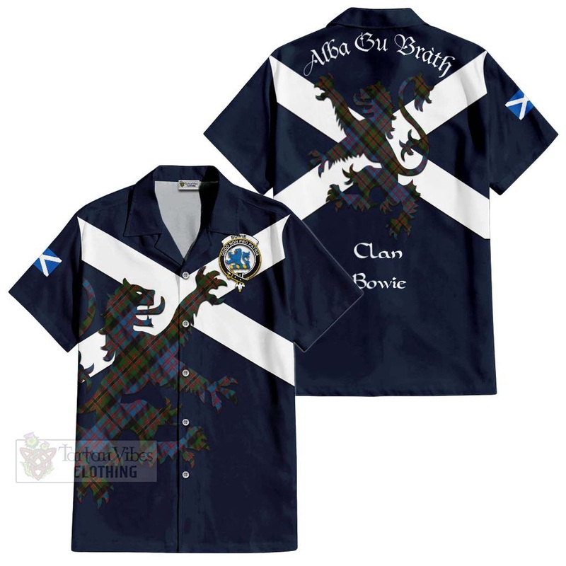 Bowie Tartan Lion Rampant Short Sleeve Button Shirt  Proudly Display Your Heritage with Alba Gu Brath and Clan Name