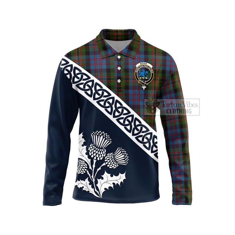 Bowie Tartan Long Sleeve Polo Shirt Featuring Thistle and Scotland Map