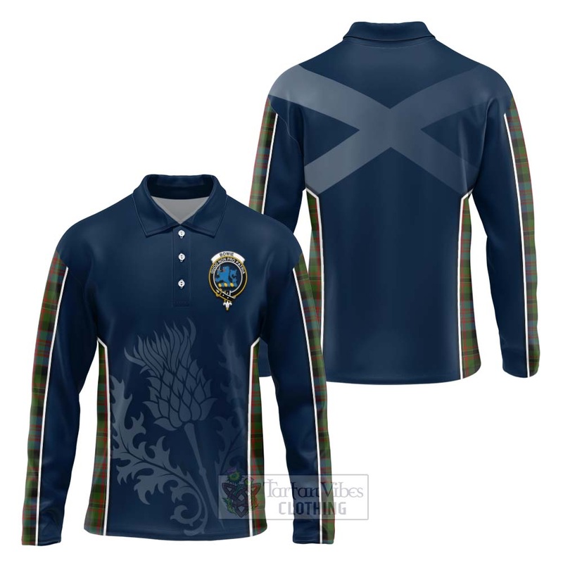 Bowie Tartan Long Sleeve Polo Shirt with Family Crest and Scottish Thistle Vibes Sport Style