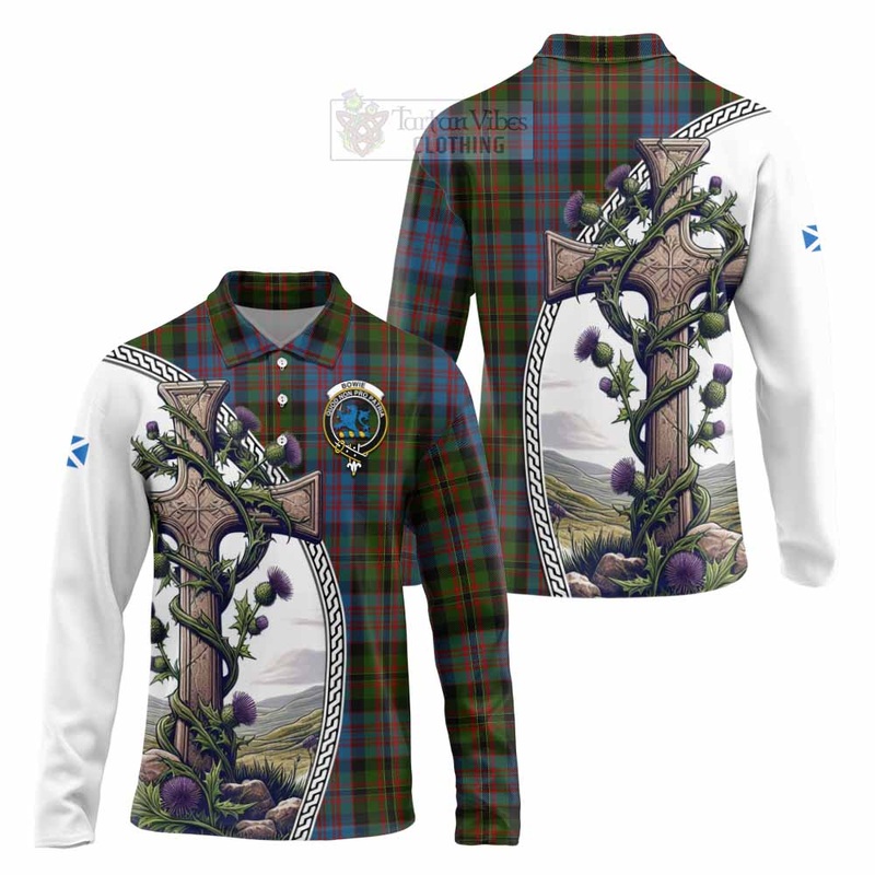 Bowie Tartan Long Sleeve Polo Shirt with Family Crest and St. Andrew's Cross Accented by Thistle Vines
