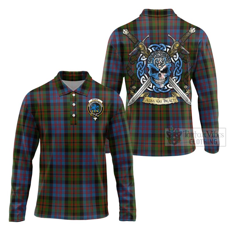 Bowie Tartan Long Sleeve Polo Shirt with Family Crest Celtic Skull Style