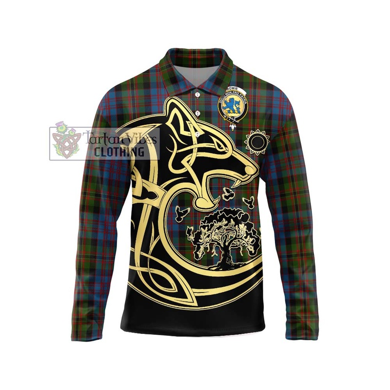 Bowie Tartan Long Sleeve Polo Shirt with Family Crest Celtic Wolf Style