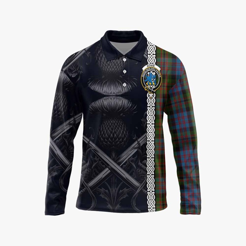 Bowie Tartan Long Sleeve Polo Shirt with Family Crest Cross Sword Thistle Celtic Vibes