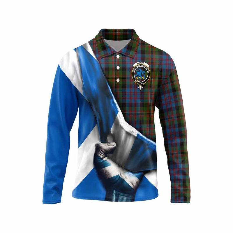 Bowie Tartan Long Sleeve Polo Shirt with Family Crest Scotland Patriotic Style