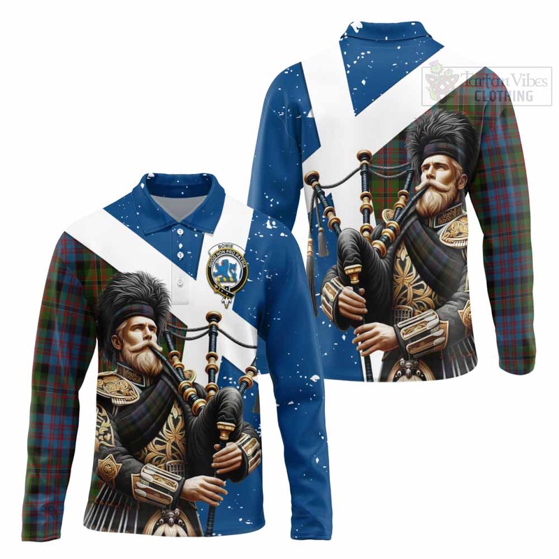 Bowie Tartan Long Sleeve Polo Shirt with Family Crest Scottish Bagpiper Vibes