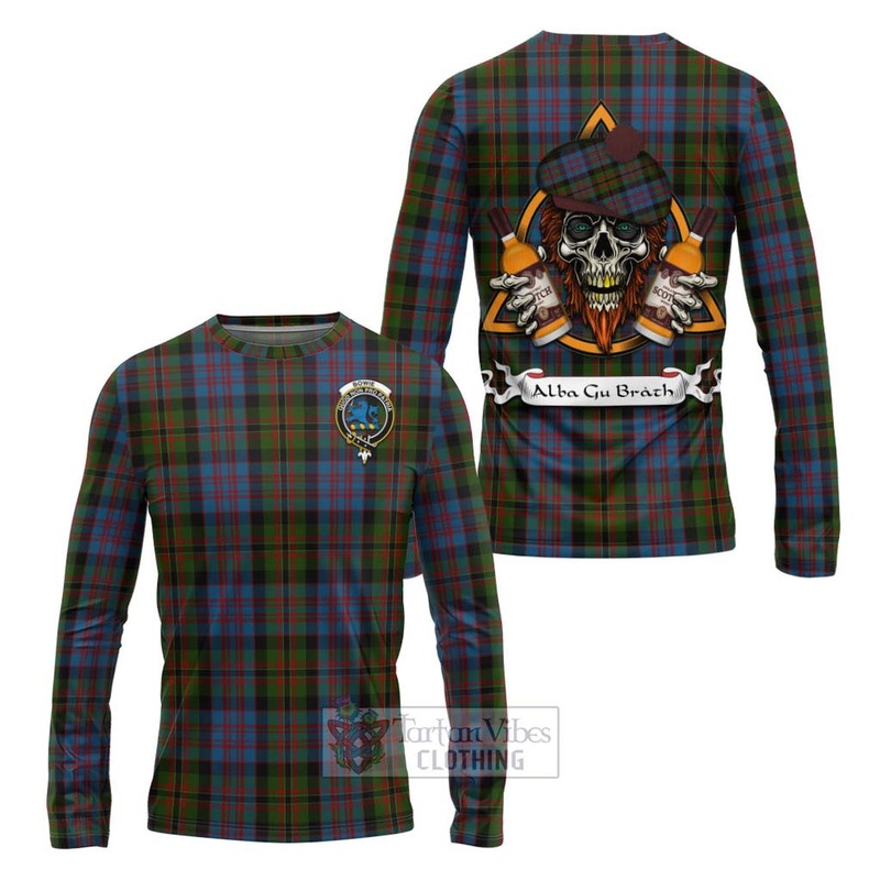 Bowie Tartan Long Sleeve T-Shirt with Family Crest and Bearded Skull Holding Bottles of Whiskey