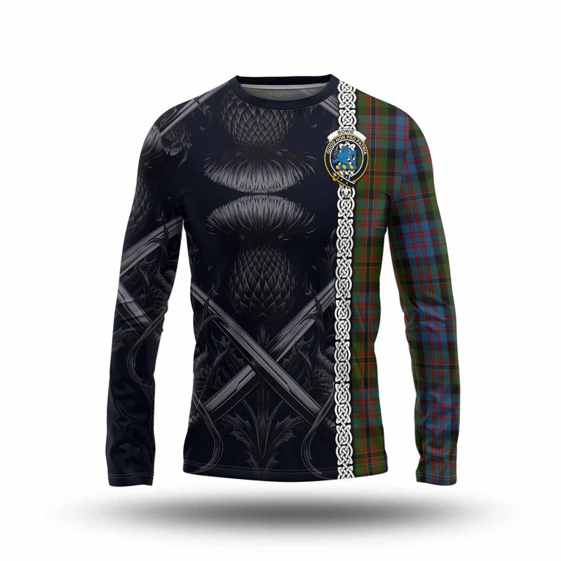 Bowie Tartan Long Sleeve T-Shirt with Family Crest Cross Sword Thistle Celtic Vibes