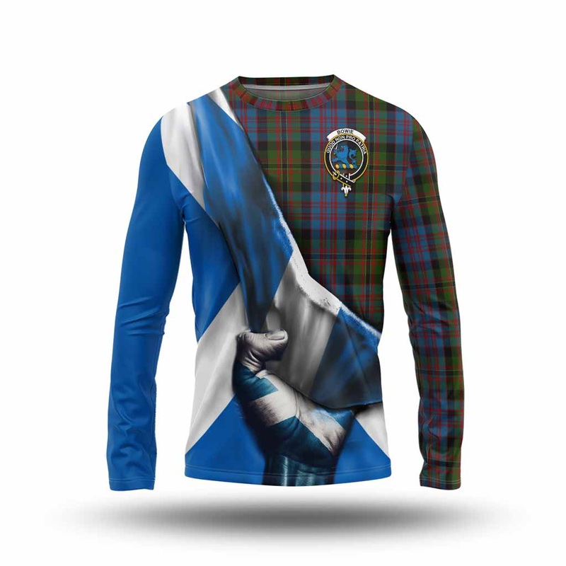 Bowie Tartan Long Sleeve T-Shirt with Family Crest Scotland Patriotic Style